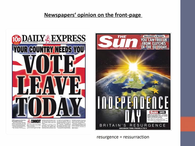The run-up to the Brexit 2019
English Advanced
Topic: Brexit
Run-up to the Brexit
1. Role of media (SM-Social media; NP=Newspaper)
- Influen