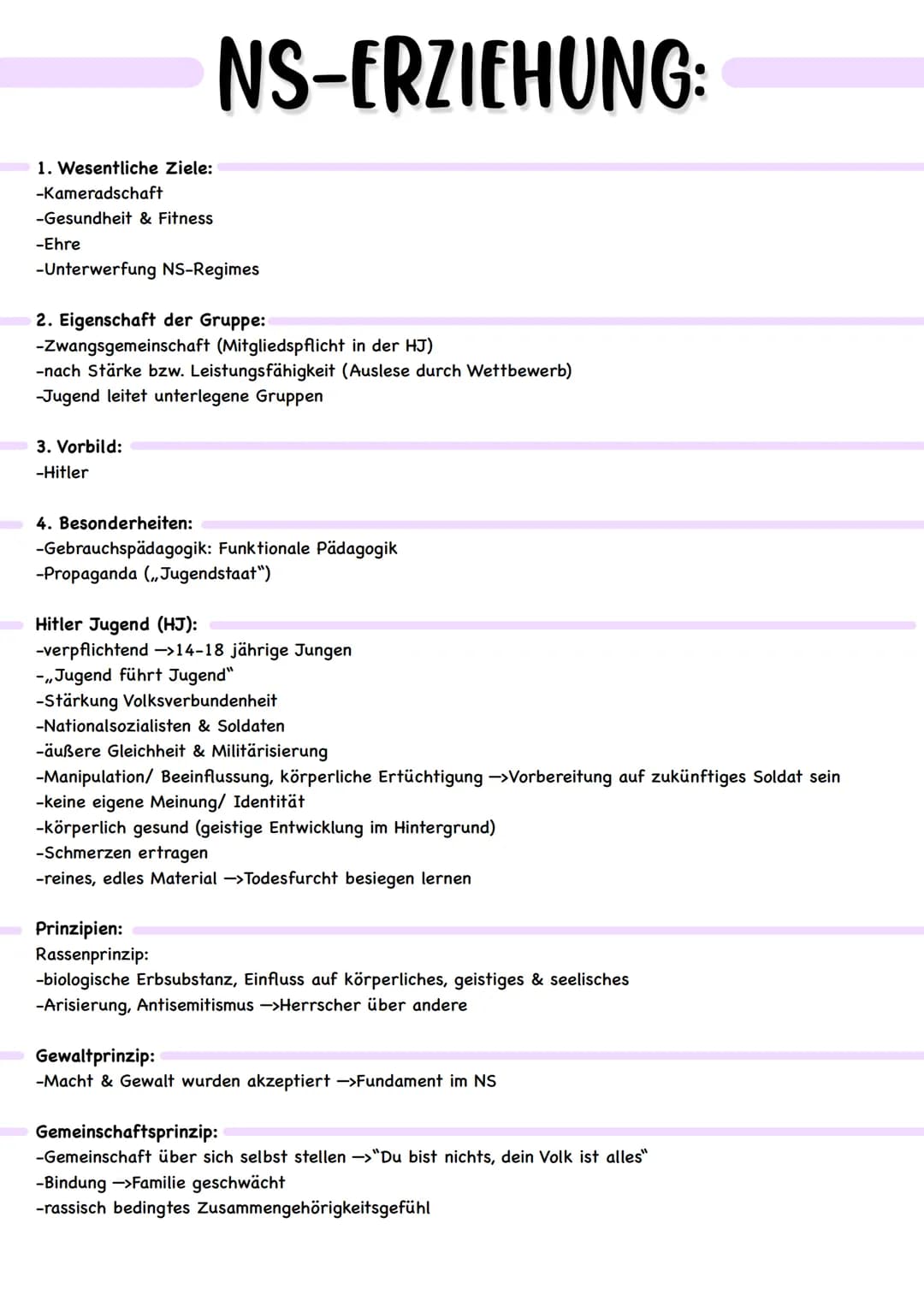 1. Wesentliche Ziele:
-Kameradschaft
-Gesundheit & Fitness
-Ehre
NS-ERZIEHUNG:
-Unterwerfung NS-Regimes
2. Eigenschaft der Gruppe:
-Zwangsge