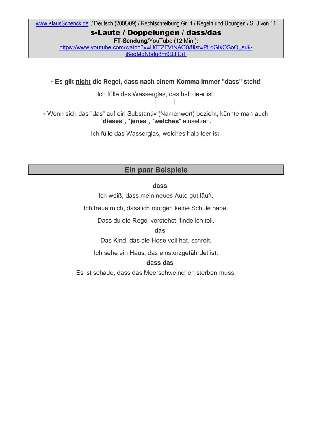 www.KlausSchenck.de / Deutsch (2008/09) / Rechtschreibung Gr. 1 / Regeln und Übungen / S. 1 von 11
s-Laute / Doppelungen / dass/das
FT-Sendu