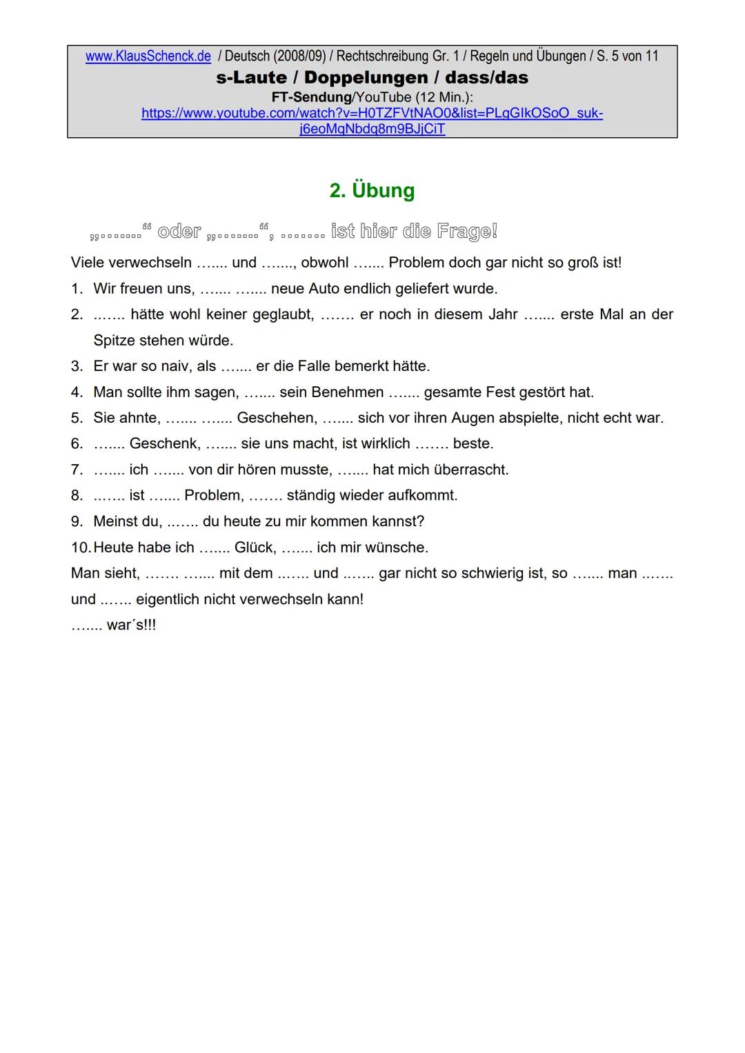 www.KlausSchenck.de / Deutsch (2008/09) / Rechtschreibung Gr. 1 / Regeln und Übungen / S. 1 von 11
s-Laute / Doppelungen / dass/das
FT-Sendu