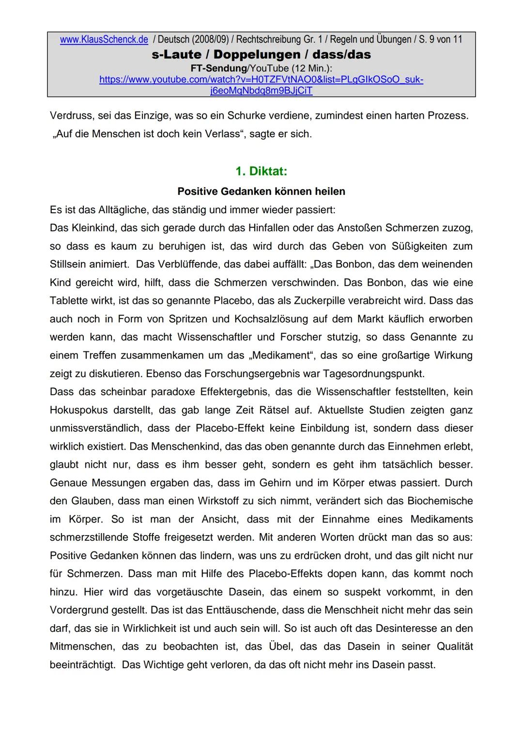 www.KlausSchenck.de / Deutsch (2008/09) / Rechtschreibung Gr. 1 / Regeln und Übungen / S. 1 von 11
s-Laute / Doppelungen / dass/das
FT-Sendu