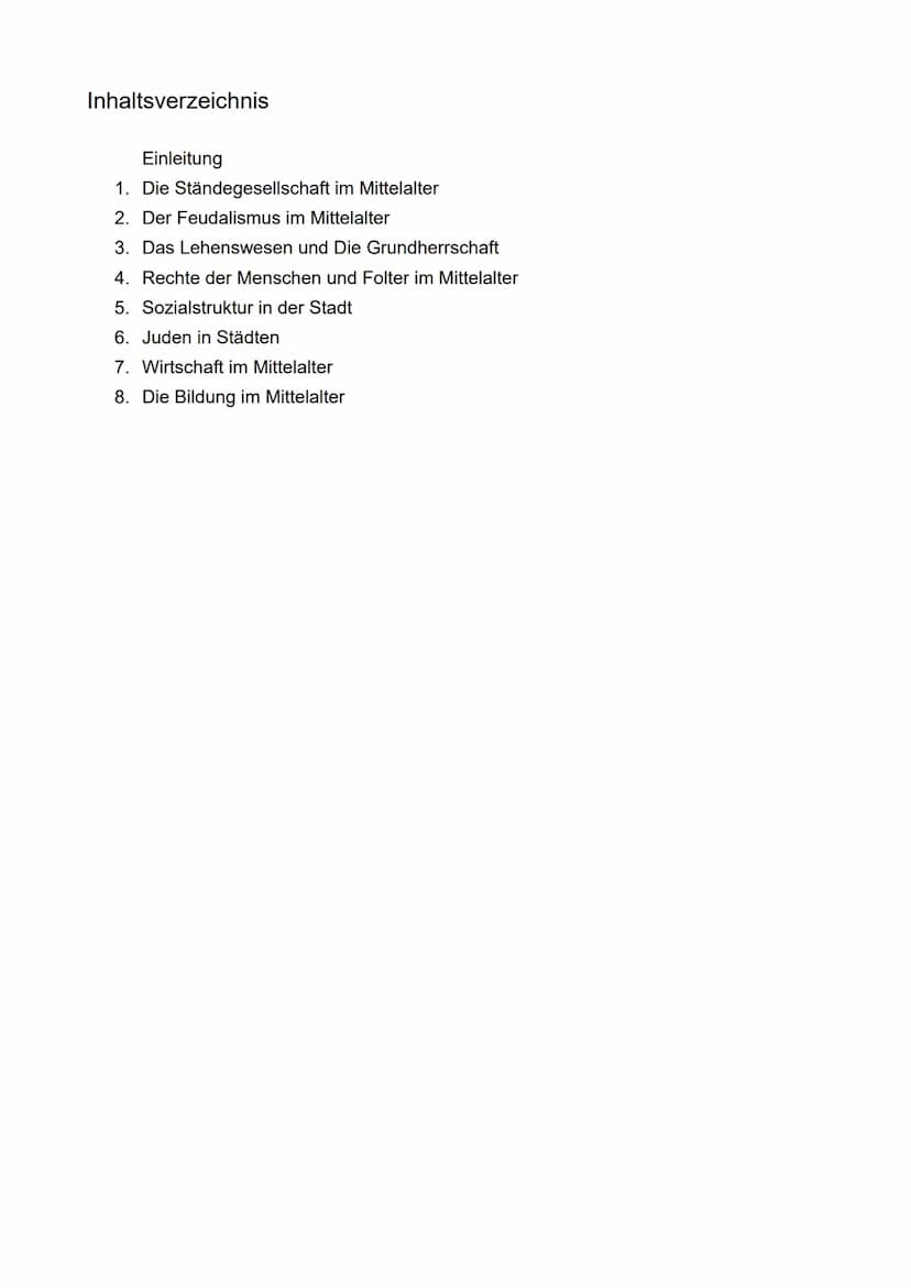 Portfolio
Gesellschaft
im Mittelalter Inhaltsverzeichnis
Einleitung
1. Die Ständegesellschaft im Mittelalter
2. Der Feudalismus im Mittelalt