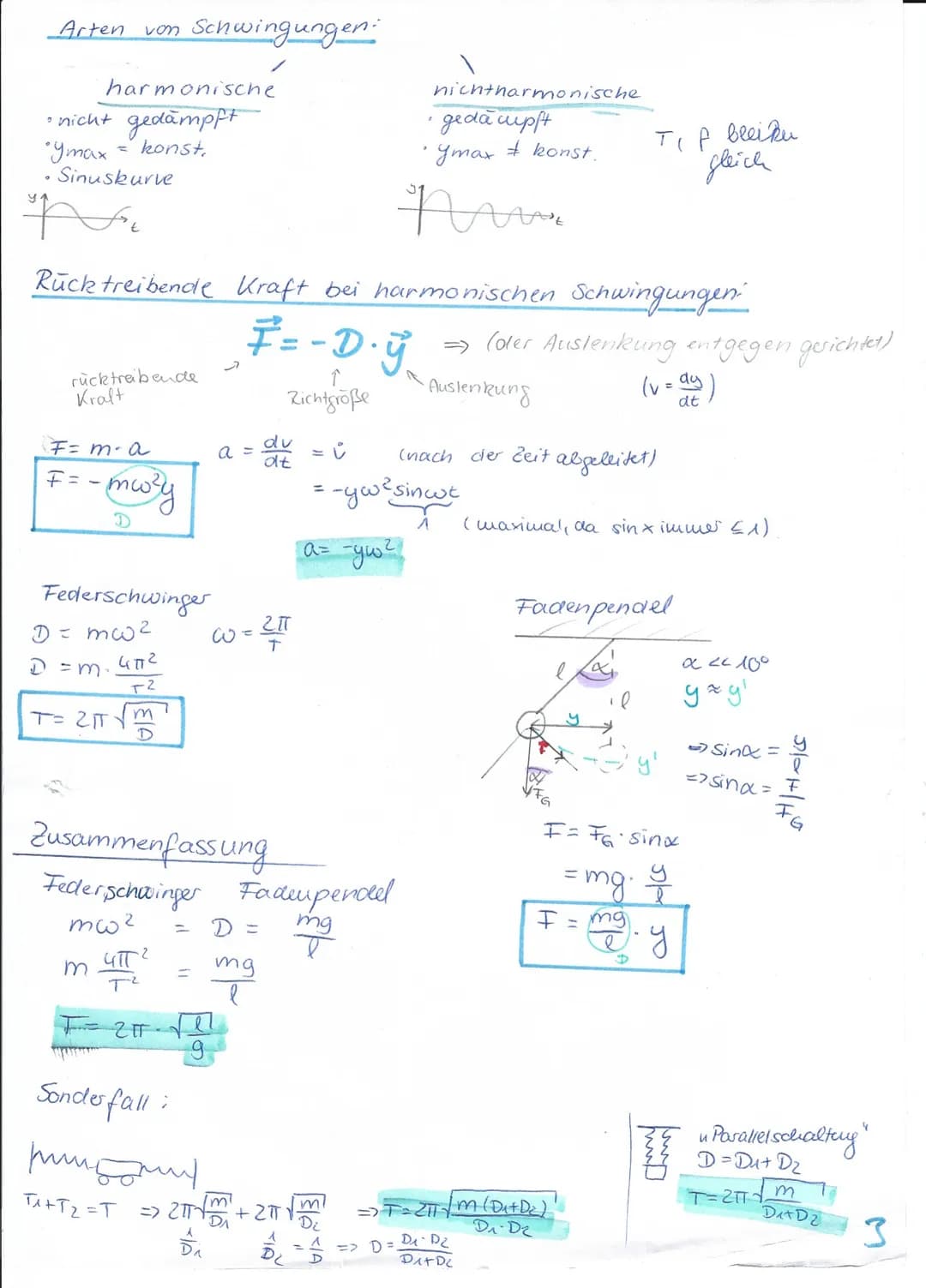 Physik Test Lernzettel: Schwingungen
Def. Eine Schwingung ist die zeitlich periodische Anderuing physikalische
Größen-
Voraussetzungen:
F
GG