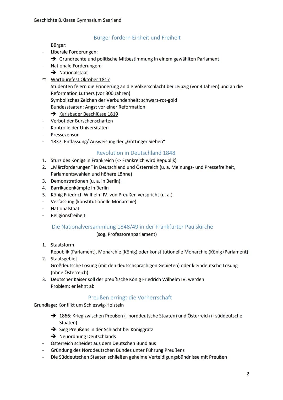 Geschichte 8.Klasse Gymnasium Saarland
Deutsche streben nach Einheit und Freiheit (1814-1871)
Zeitstrahl
1814/15: Wiener Kongress
1817: Wart