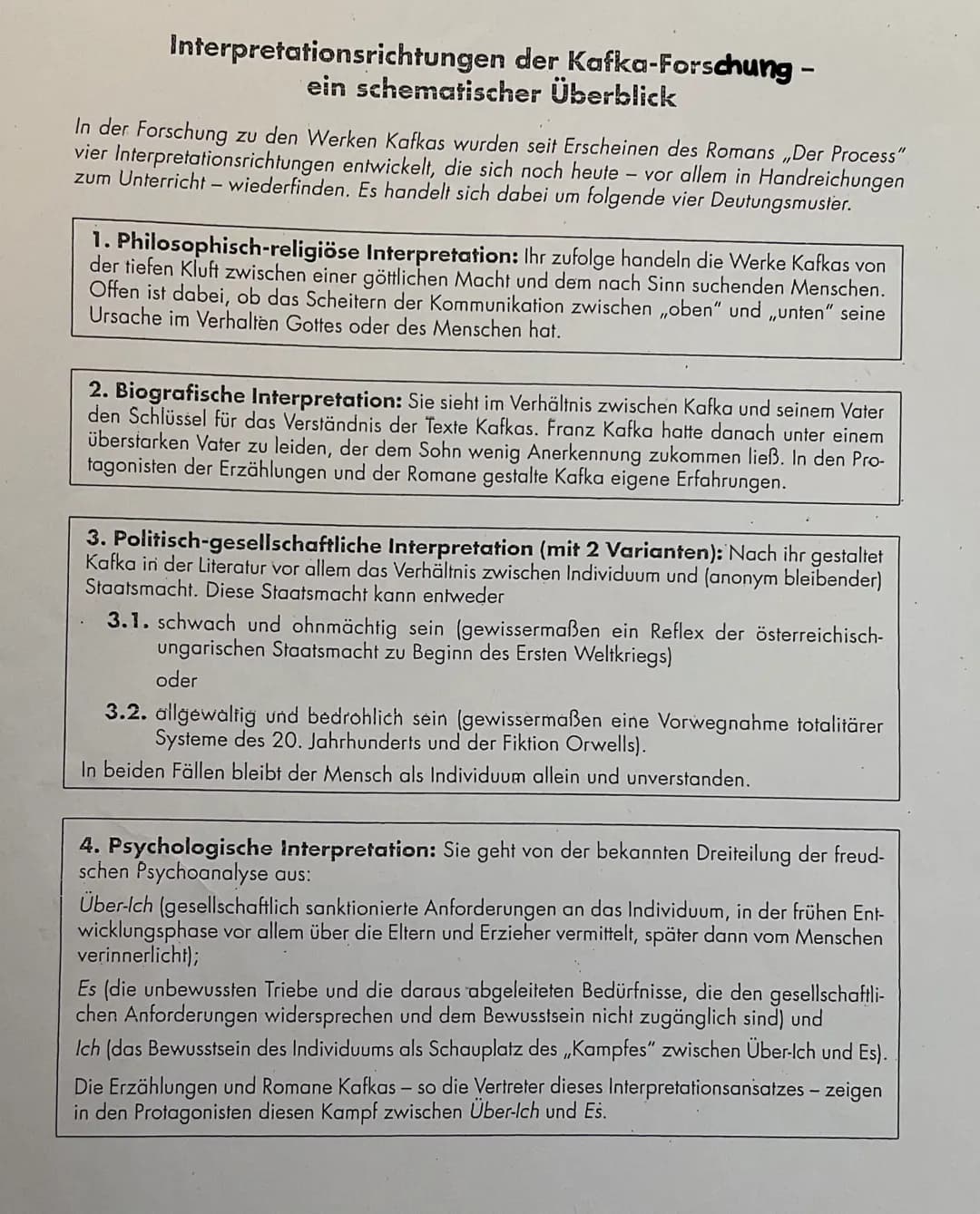 Interpretationsrichtungen der Kafka-Forschung -
ein schematischer Überblick
In der Forschung zu den Werken Kafkas wurden seit Erscheinen des