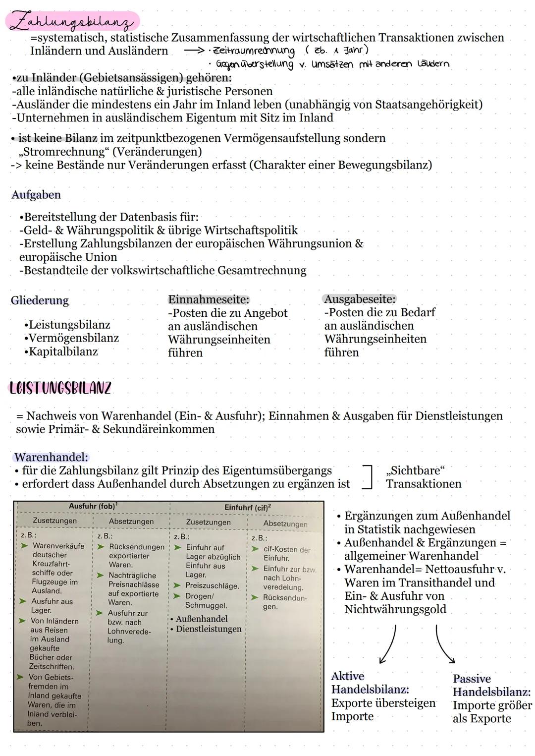 Zahlungsbilanz
=systematisch, statistische Zusammenfassung der wirtschaftlichen Transaktionen zwischen
Inländern und Ausländern →→ Zeitraumr