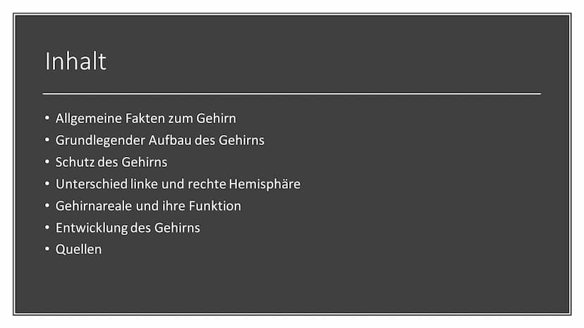 Aufbau & Funktion des
menschlichen Gehirns Inhalt
Allgemeine Fakten zum Gehirn
Grundlegender Aufbau des Gehirns
●
• Schutz des Gehirns
Unter
