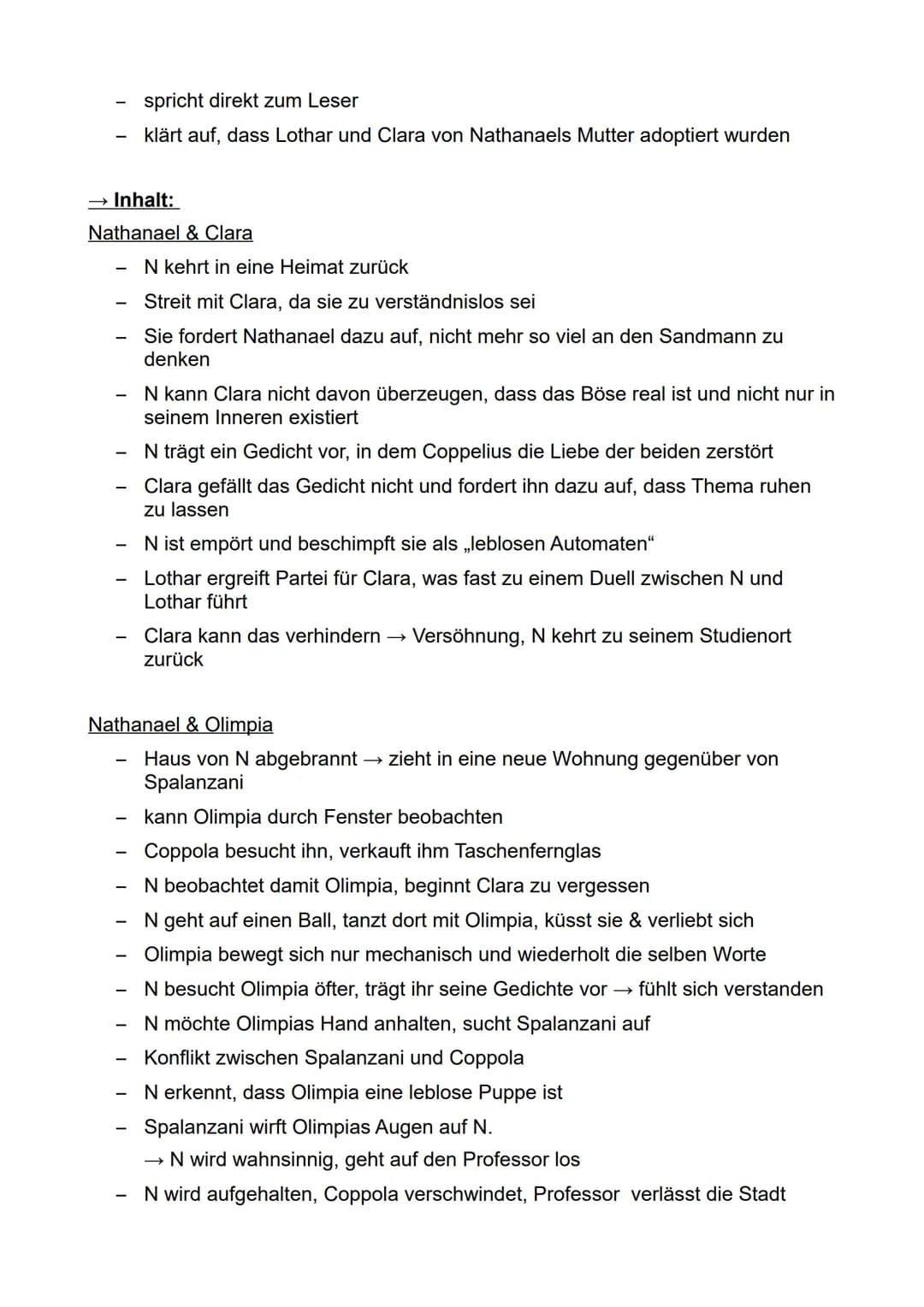 Werke:
Sandmann von Hoffmann (1816)
Epoche: Romantik
Zusammenfassung:
Brief 1:→→ Nathanael an Lothar, aber an Clara aus Versehen adressiert
