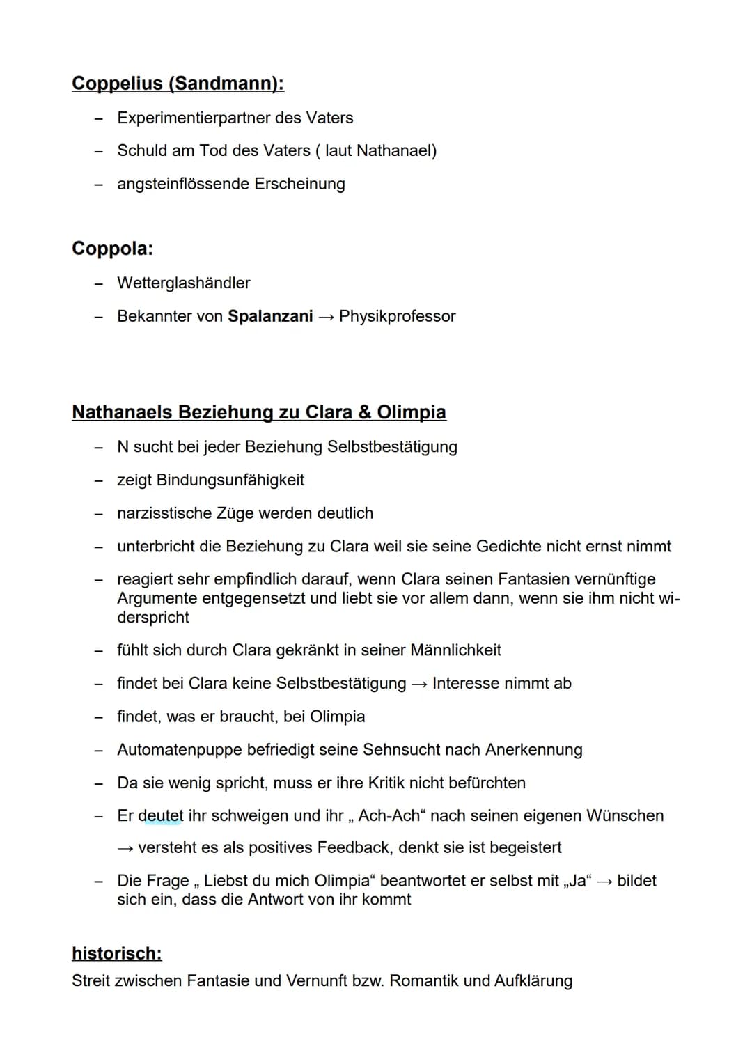 Werke:
Sandmann von Hoffmann (1816)
Epoche: Romantik
Zusammenfassung:
Brief 1:→→ Nathanael an Lothar, aber an Clara aus Versehen adressiert
