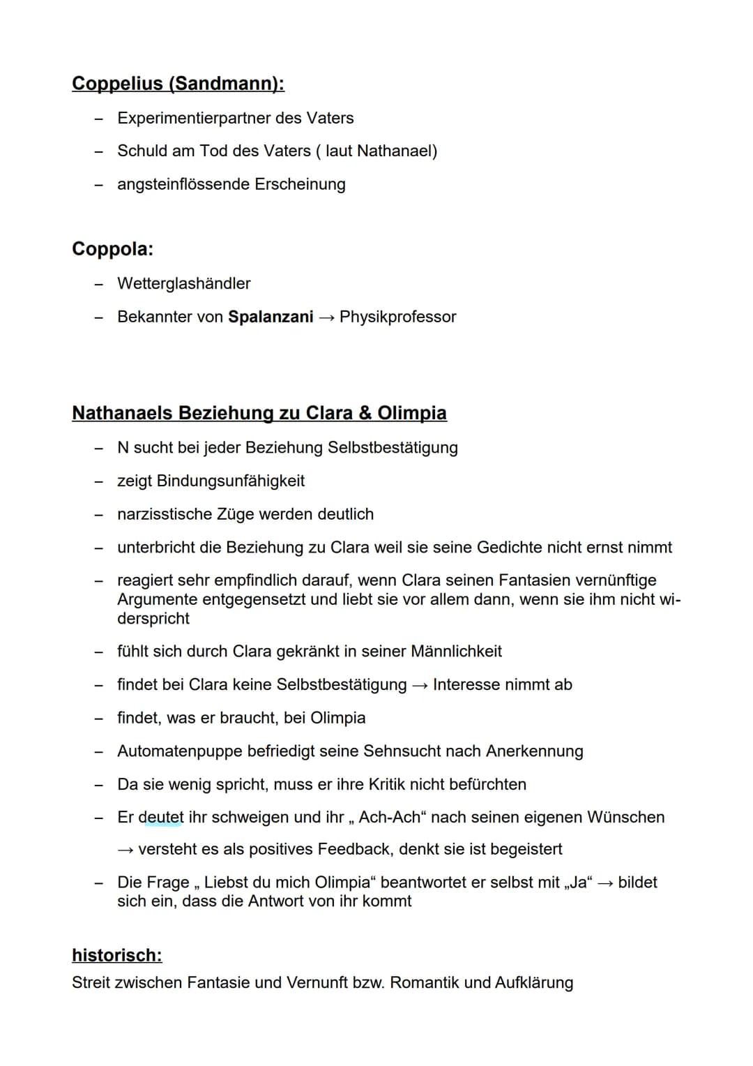 Werke:
Sandmann von Hoffmann (1816)
Epoche: Romantik
Zusammenfassung:
Brief 1:→→ Nathanael an Lothar, aber an Clara aus Versehen adressiert
