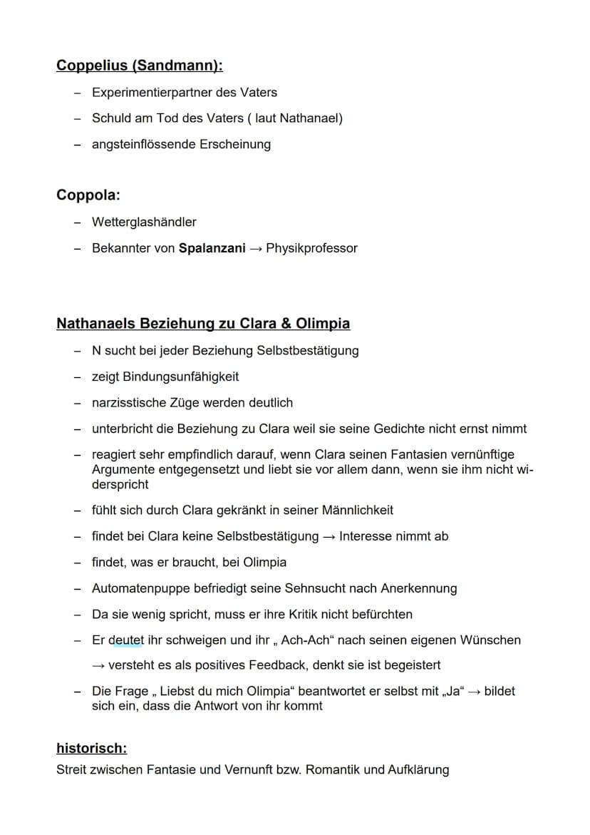 Werke:
Sandmann von Hoffmann (1816)
Epoche: Romantik
Zusammenfassung:
Brief 1:→→ Nathanael an Lothar, aber an Clara aus Versehen adressiert
