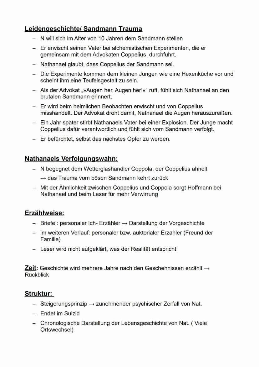 Werke:
Sandmann von Hoffmann (1816)
Epoche: Romantik
Zusammenfassung:
Brief 1:→→ Nathanael an Lothar, aber an Clara aus Versehen adressiert
