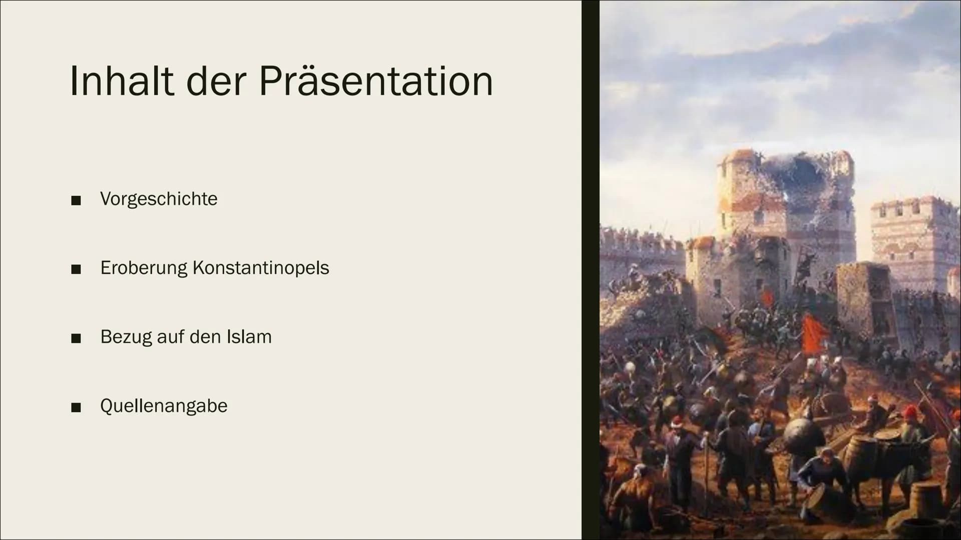 ENTSTEHUNG
DES
OSMANISCHEN
REICHES
Eroberung Konstantinopels 1453
HARPERERER
TOIMEN Inhalt der Präsentation
Vorgeschichte
Eroberung Konstant