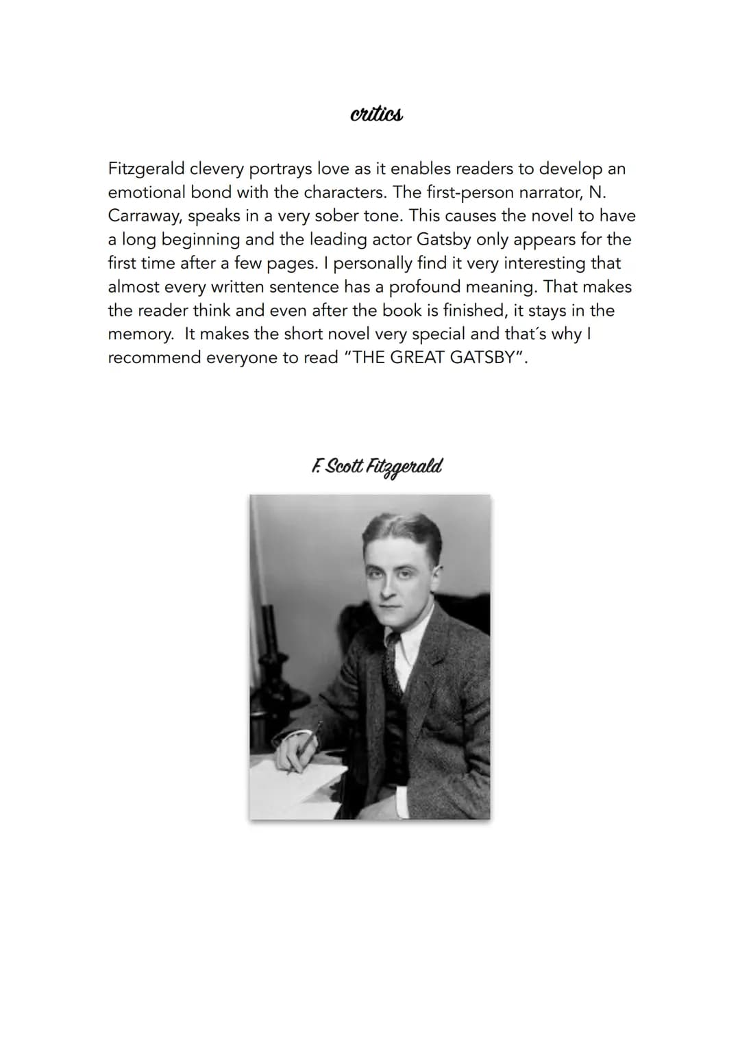 
<p>The Great Gatsby is one of the most important works of modern American literature, written by F. Scott Fitzgerald. The novel deals with 