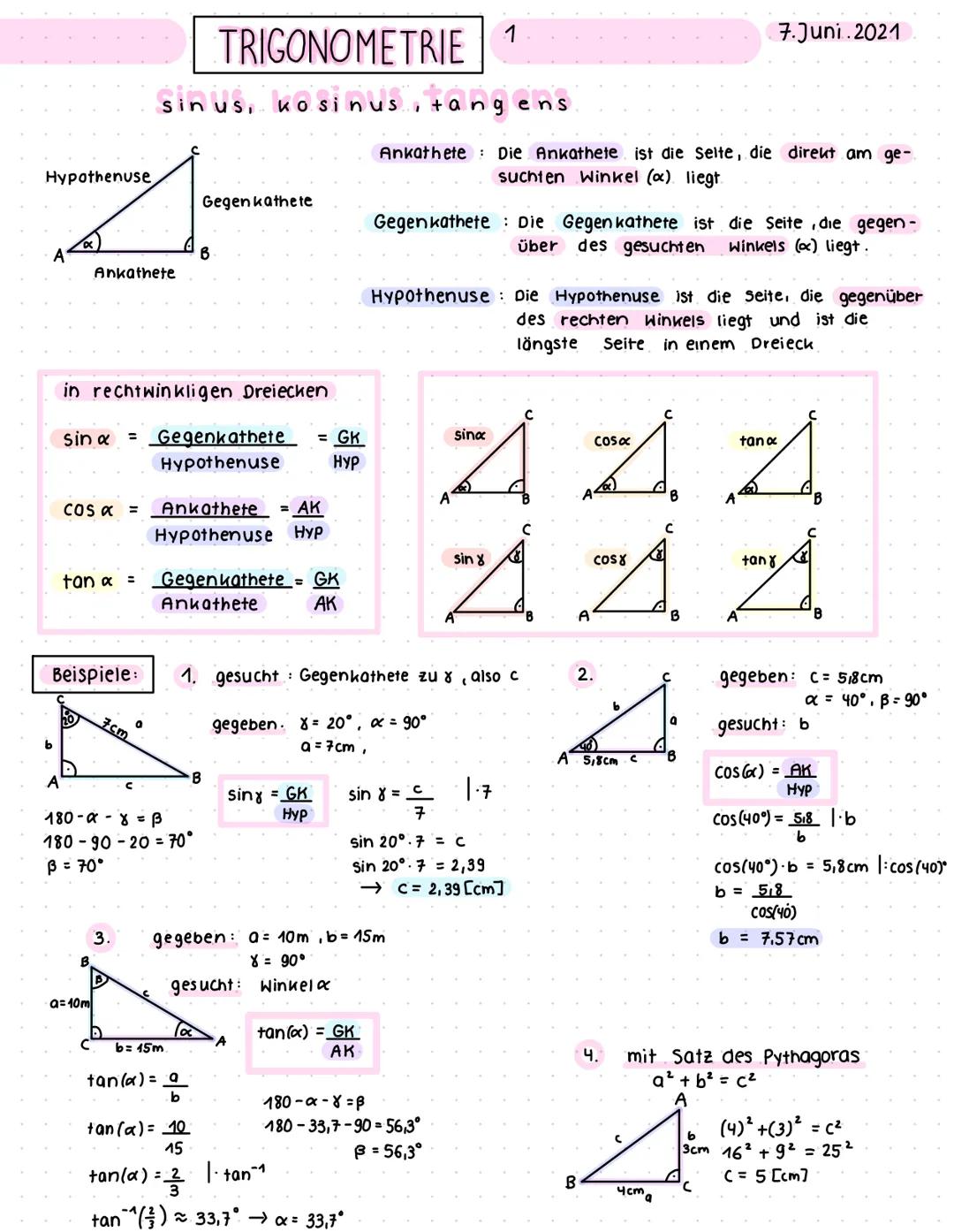 Hypothenuse
A
A
Ankathete
COS α =
tan α =
Beispiele:
in rechtwinkligen Dreiecken
sin α = Gegenkathete = GK
Hypothenuse Hyp
a=10m
7cm
TRIGONO
