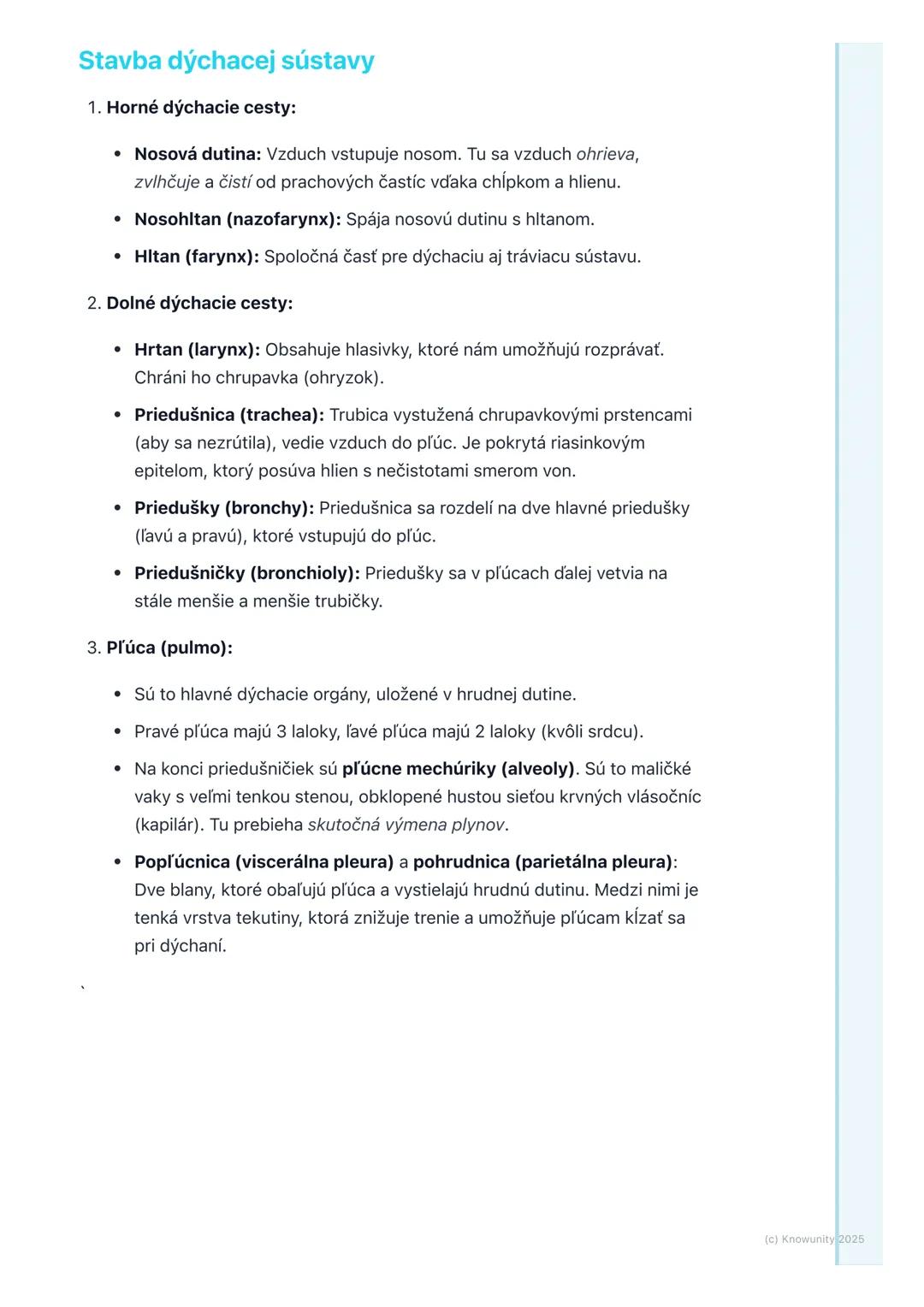 # Dýchacia sústava

1. Prehľad / Úvod

Dýchacia sústava je pre nás strašne dôležitá, lebo zabezpečuje, že naše telo
dostane kyslík (02) a zb