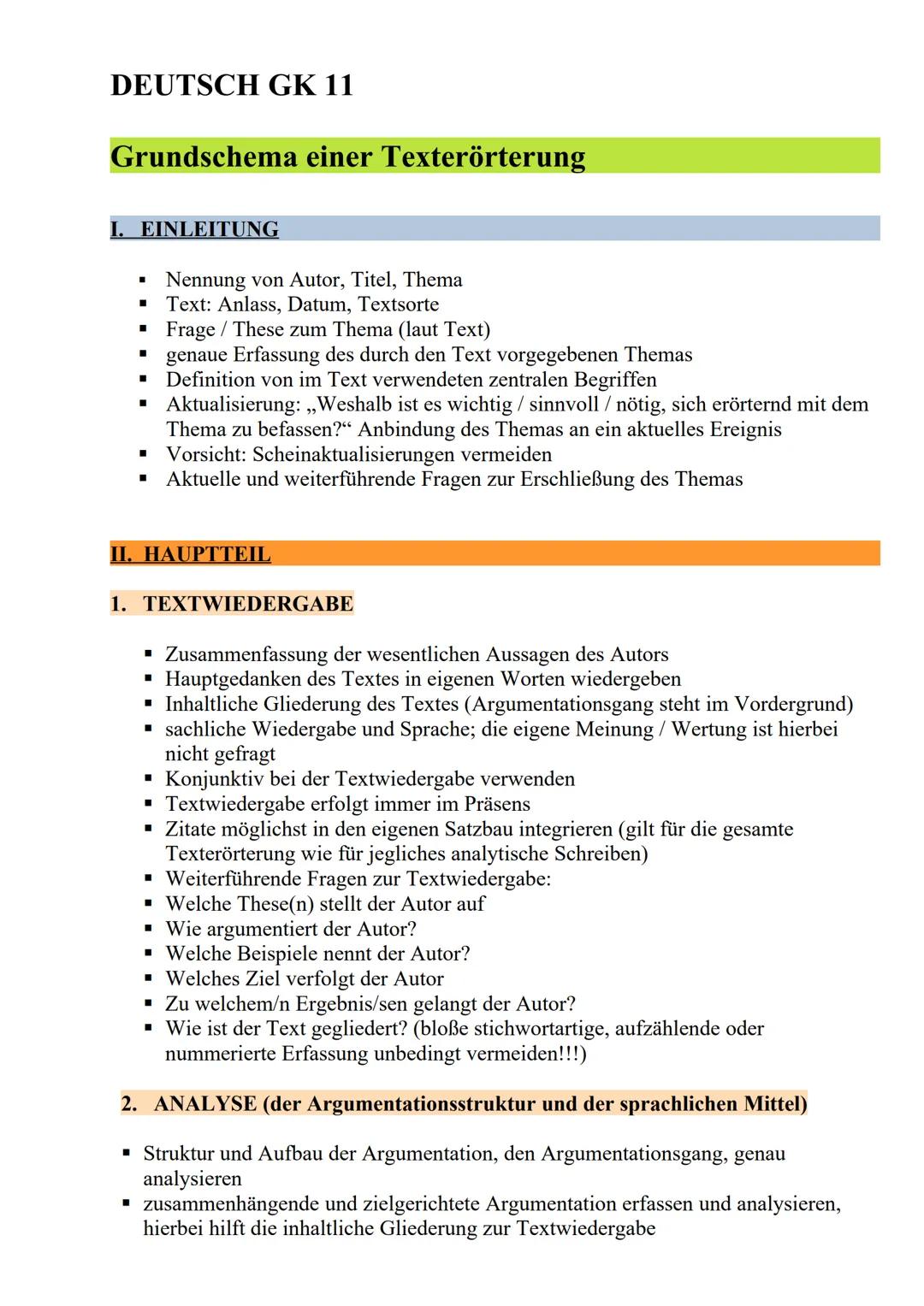 # DEUTSCH GK 11

# Grundschema einer Texterörterung

## I. EINLEITUNG

- Nennung von Autor, Titel, Thema
- Text: Anlass, Datum, Textsorte
- 