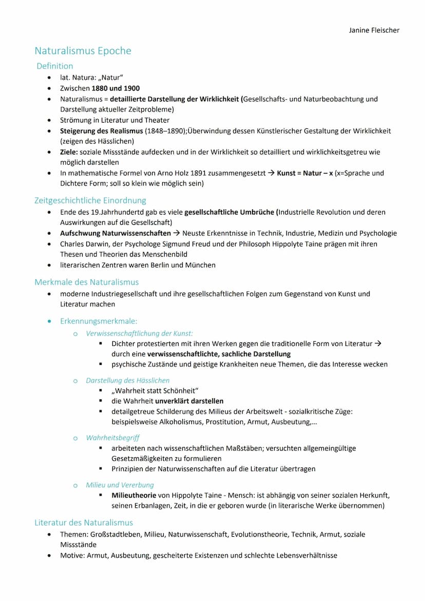 Naturalismus Epoche
Definition
lat. Natura: ,,Natur"
Zwischen 1880 und 1900
Naturalismus = detaillierte Darstellung der Wirklichkeit (Gesell