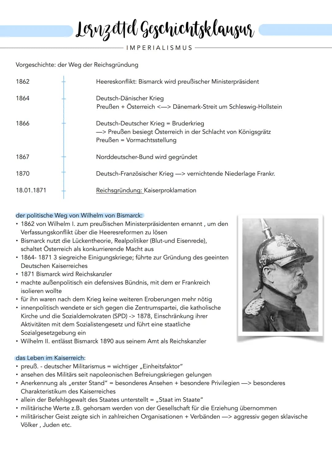 1862
Vorgeschichte: der Weg der Reichsgründung
1864
1866
1867
1870
18.01.1871
Lornzettel Geschichtsklausur
.
IMPERIALISMUS
Heereskonflikt: B