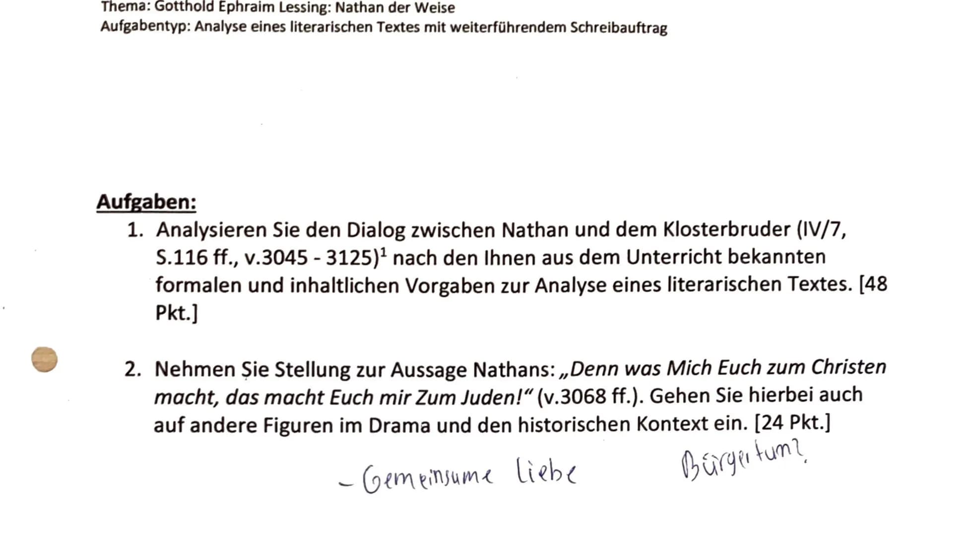 Thema: Gotthold Ephraim Lessing: Nathan der Weise
Aufgabentyp: Analyse eines literarischen Textes mit weiterführendem Schreibauftrag
Aufgabe