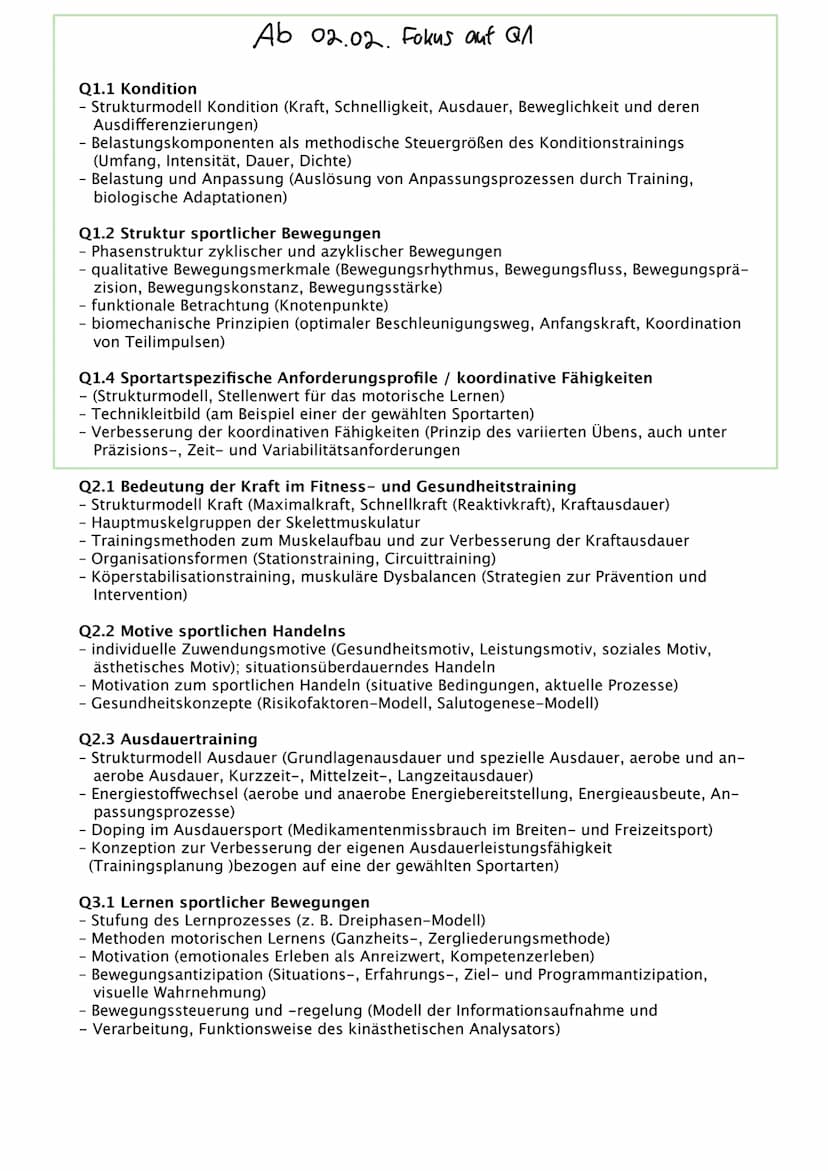 Sport Abitur 2021
Hessen Ab 02.02. Fokus auf Q
Q1.1 Kondition
- Strukturmodell Kondition (Kraft, Schnelligkeit, Ausdauer, Beweglichkeit und 