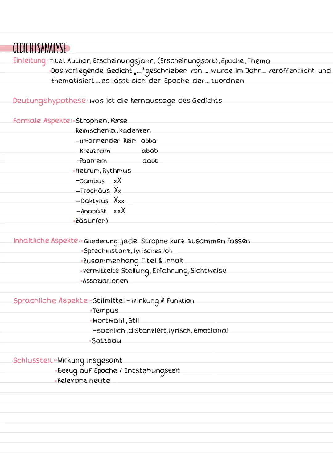 GEDICHTSANALYSE
Einleitung: Titel. Author, Erscheinungsjahr, (Erscheinungsort), Epoche, Thema
Das vorliegende Gedicht, "geschrieben von ... 