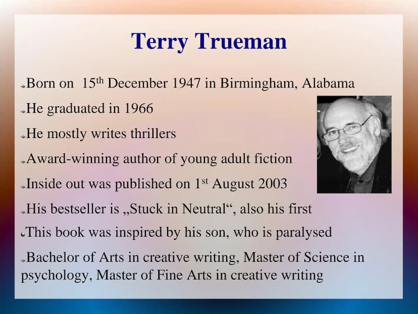 Inside Out
by Terry Trueman
Ricarda Hnidyk
Terry Trueman
Inside Out
Klett English Editions
ok
Klett 1. Information about the author
Plot of 