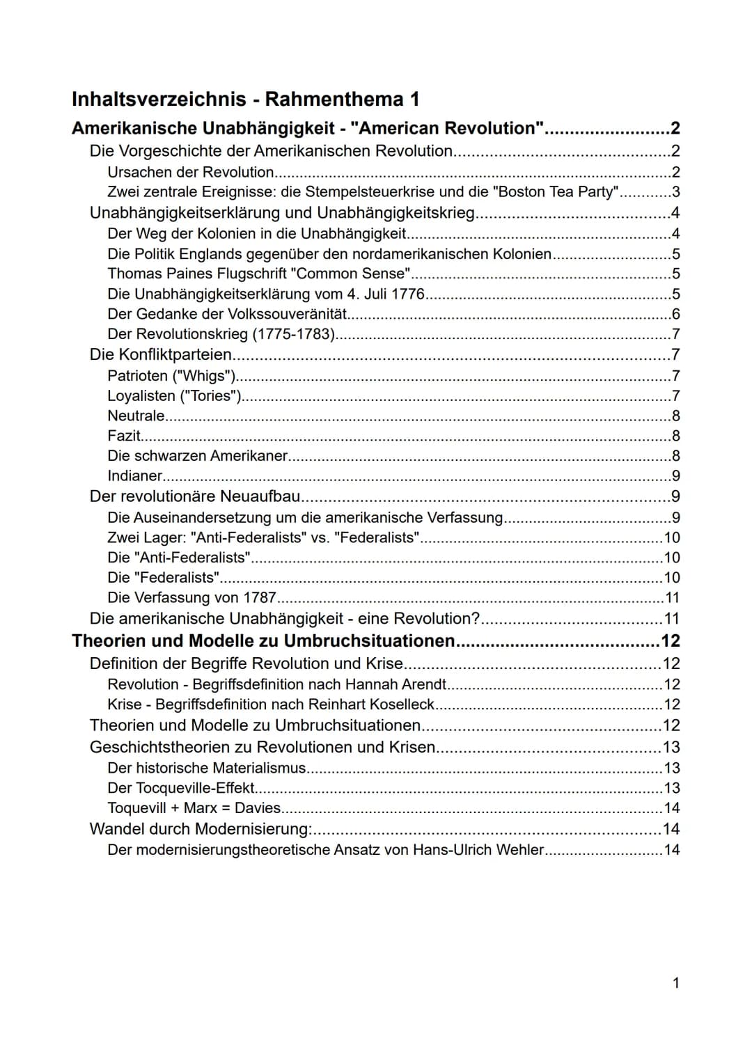 Inhaltsverzeichnis - Rahmenthema 1
Amerikanische Unabhängigkeit - "American Revolution".
Die Vorgeschichte der Amerikanischen Revolution....