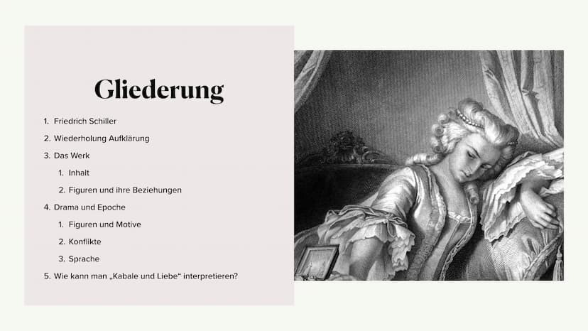 V
elle
Kabale und Liebe
OTEL
Frama der Aufklän
Paula Zimny Gliederung
1. Friedrich Schiller
2. Wiederholung Aufklärung
3. Das Werk
1. Inhalt