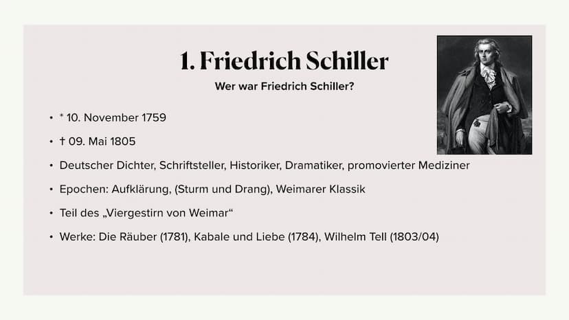 V
elle
Kabale und Liebe
OTEL
Frama der Aufklän
Paula Zimny Gliederung
1. Friedrich Schiller
2. Wiederholung Aufklärung
3. Das Werk
1. Inhalt