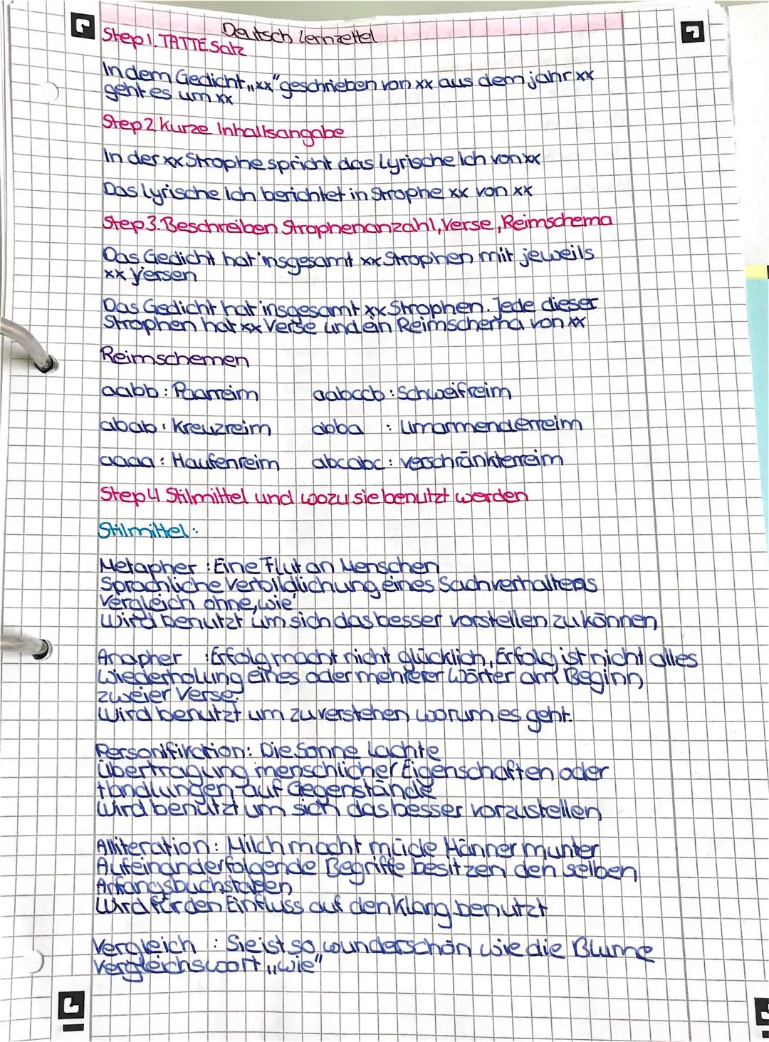Deutsch lemzettel
Step 1. TATTE Satz
In dem Gedichtx geschrieben von xx aus dem jahr xx
gent es um xx
Step 2 kurze Inhaltsangabe
In der xx S