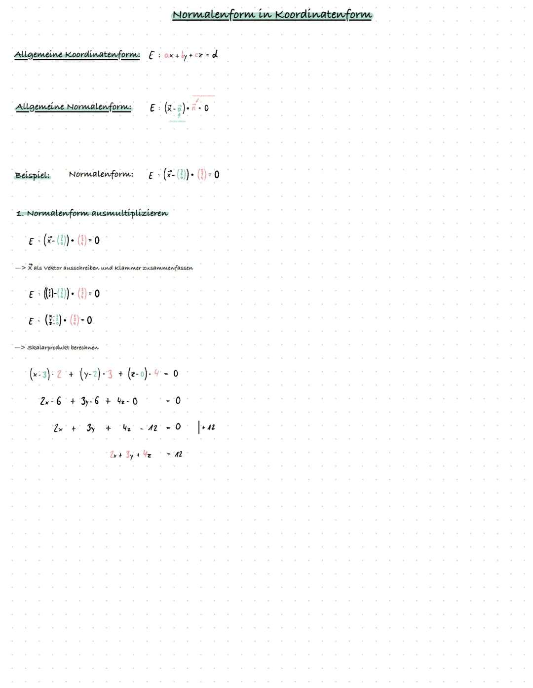 Allgemeine Koordinatenform: E = ax + by + cz=d
Allgemeine Normalen form:
Beispiel: Normalen form:
1. Normalenform ausmultiplizieren
E = (x- 