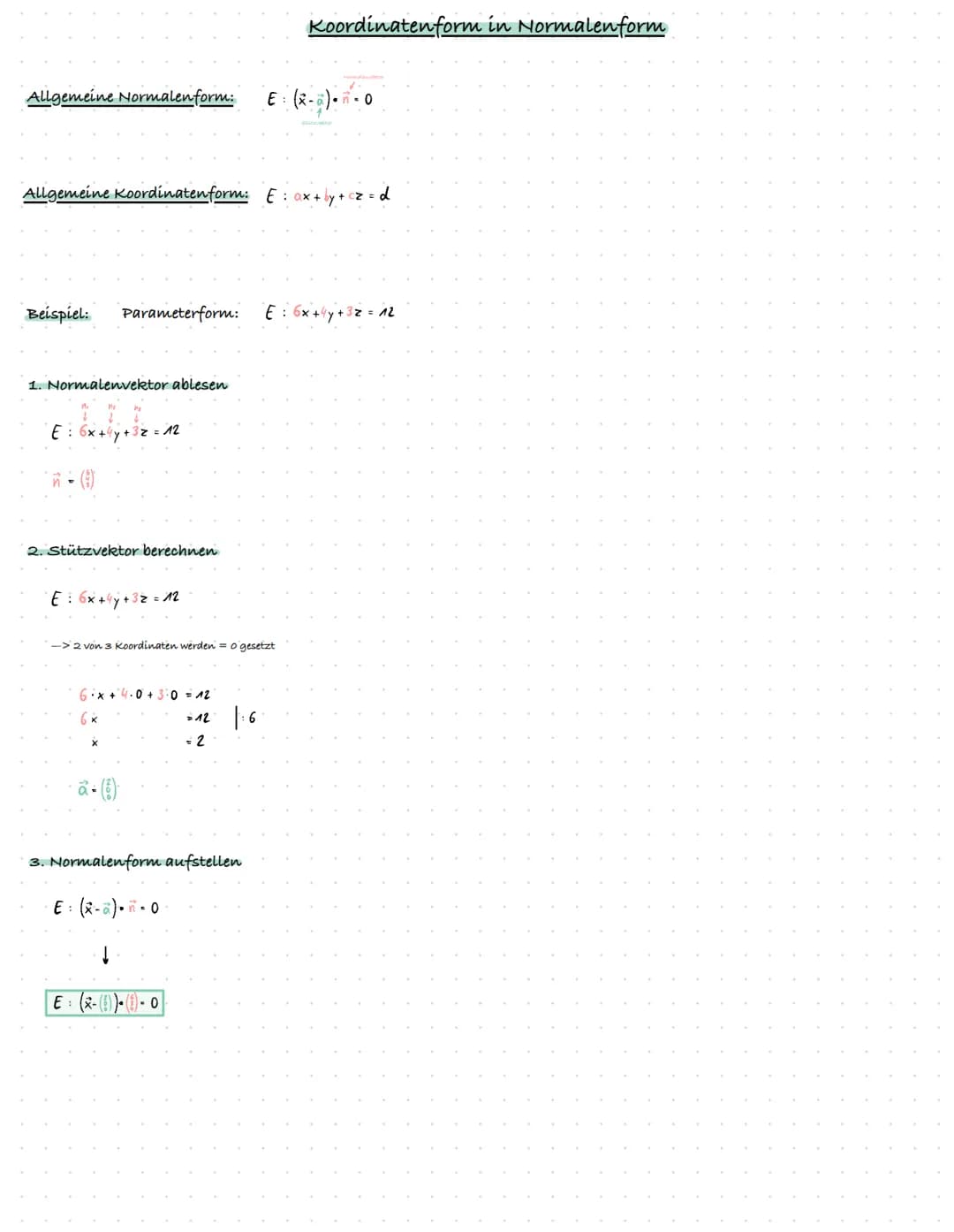 Allgemeine Koordinatenform: E = ax + by + cz=d
Allgemeine Normalen form:
Beispiel: Normalen form:
1. Normalenform ausmultiplizieren
E = (x- 