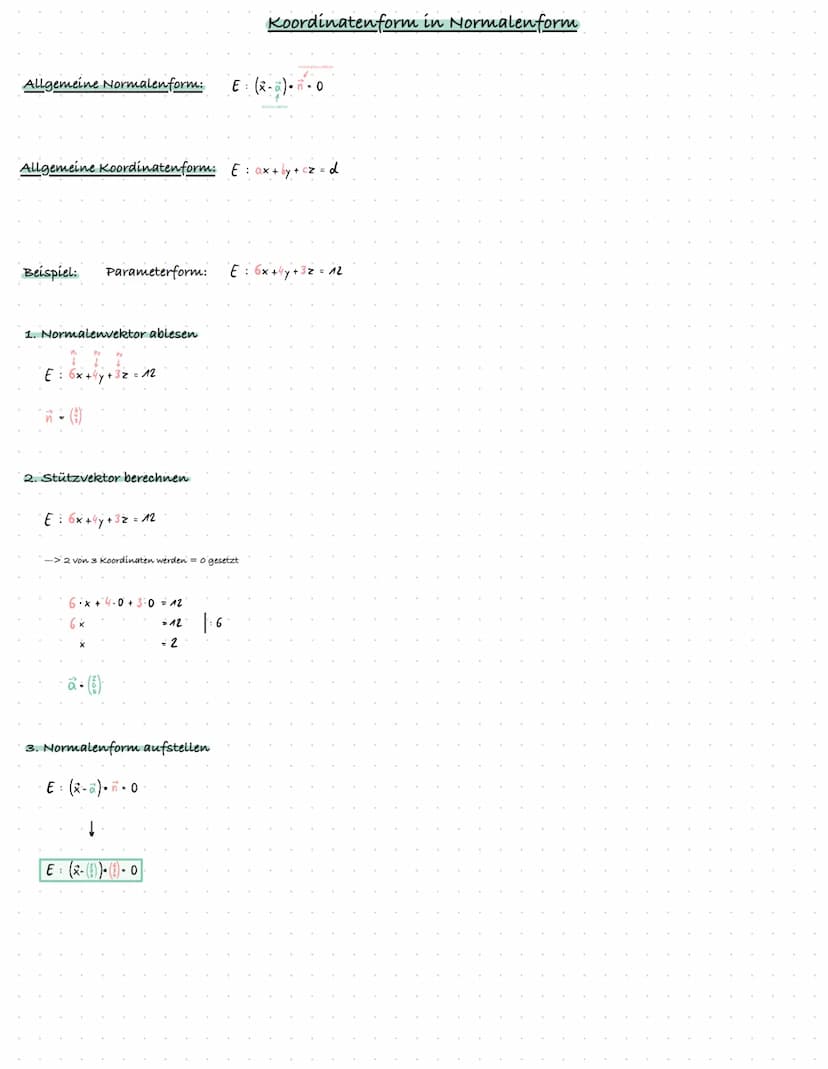 Allgemeine Koordinatenform: E = ax + by + cz=d
Allgemeine Normalen form:
Beispiel: Normalen form:
1. Normalenform ausmultiplizieren
E = (x- 