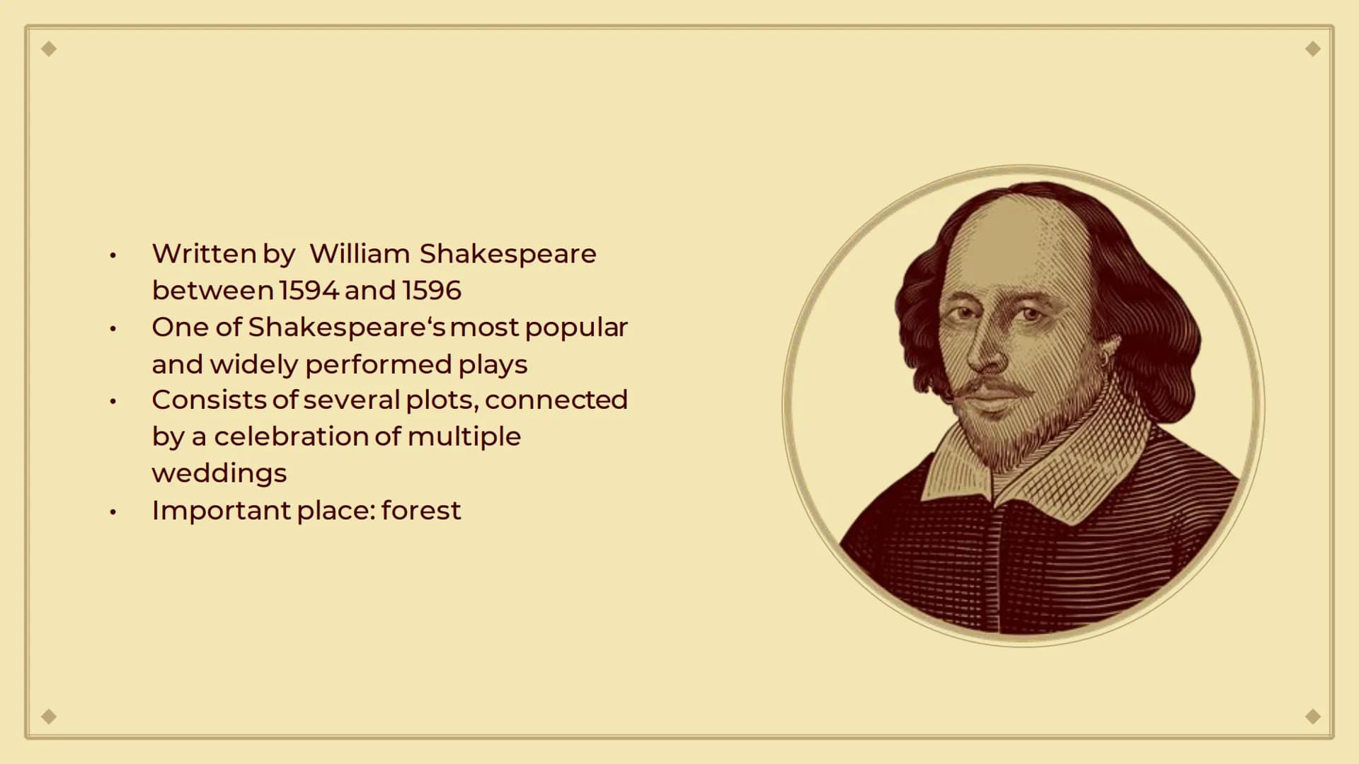 A Midsummer
Night's Dream
From Pia 01.
03.
Table of contents
Most important
characters
Background
information
02.
04.
Summary of the play
Ar