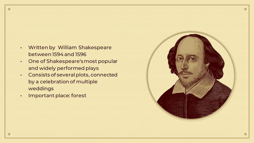 A Midsummer
Night's Dream
From Pia 01.
03.
Table of contents
Most important
characters
Background
information
02.
04.
Summary of the play
Ar