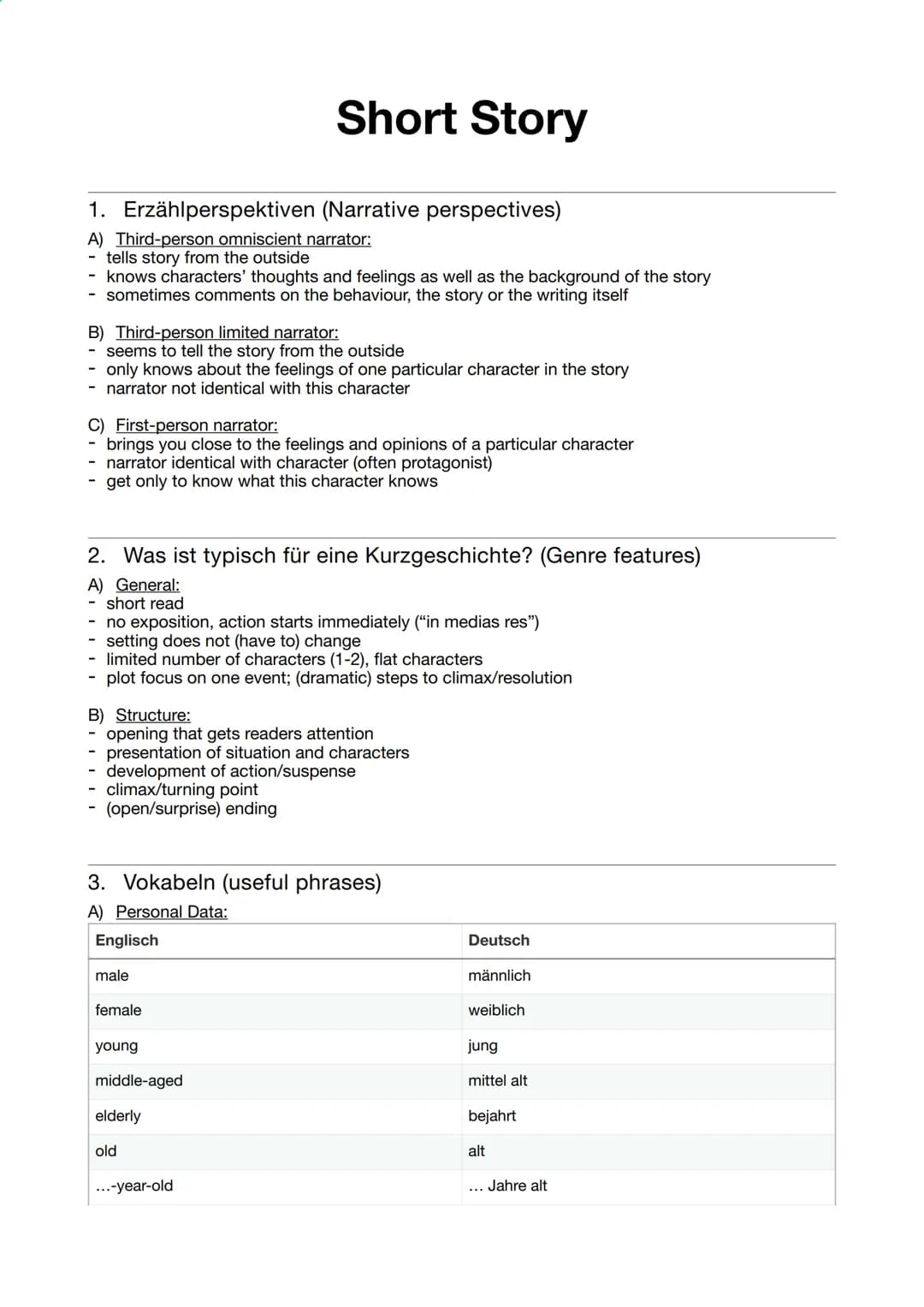 1. Erzählperspektiven (Narrative perspectives)
A) Third-person omniscient narrator:
tells story from the outside
- knows characters' thought