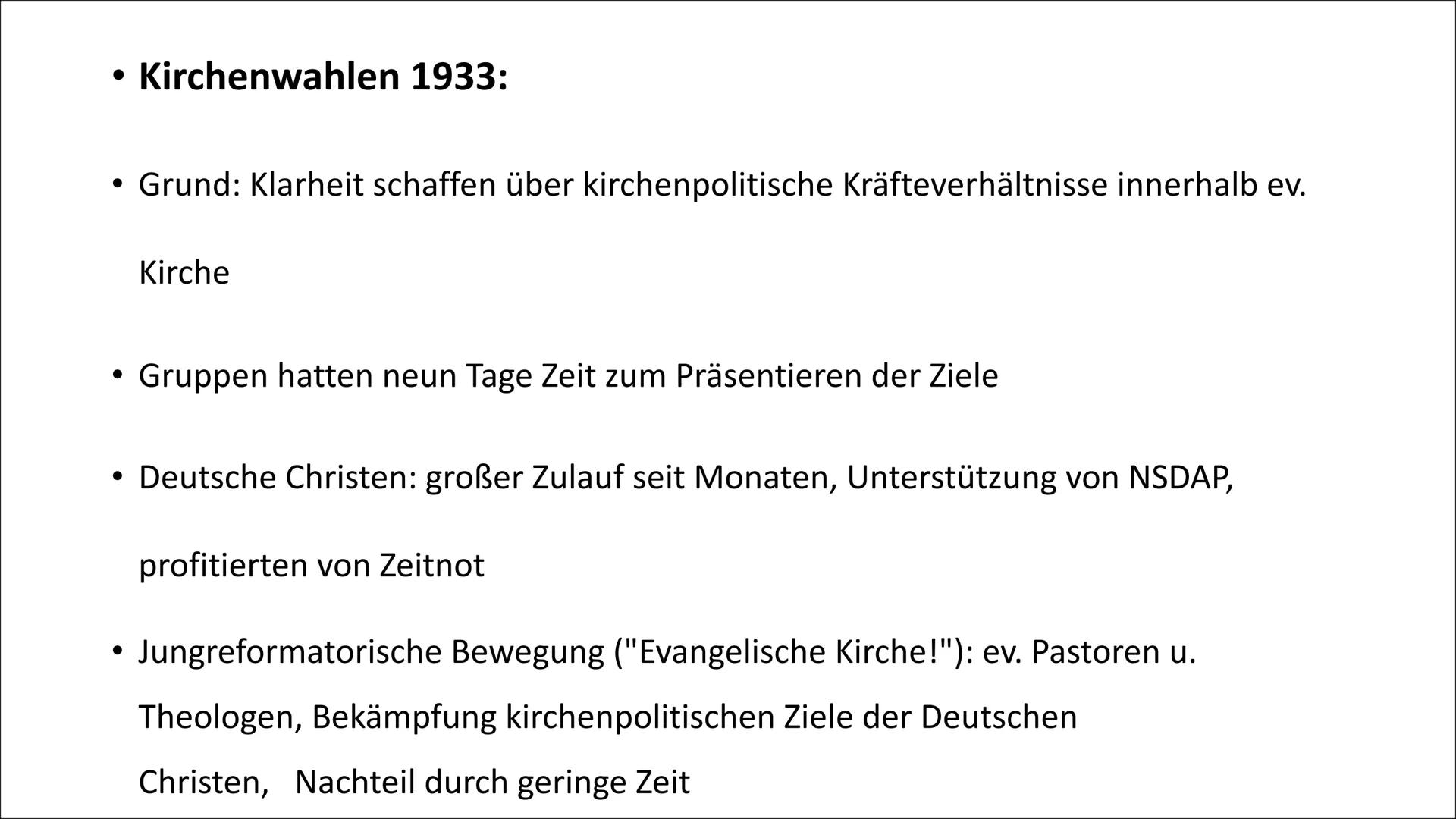 Bekennende Kirche
(BK) Allgemeines
September 1933 Pfarrernotbund
• Januar 1934 ->7000 Pfarrer(1/3 der Geistlichen der ev. Kirche)
• Bekennen
