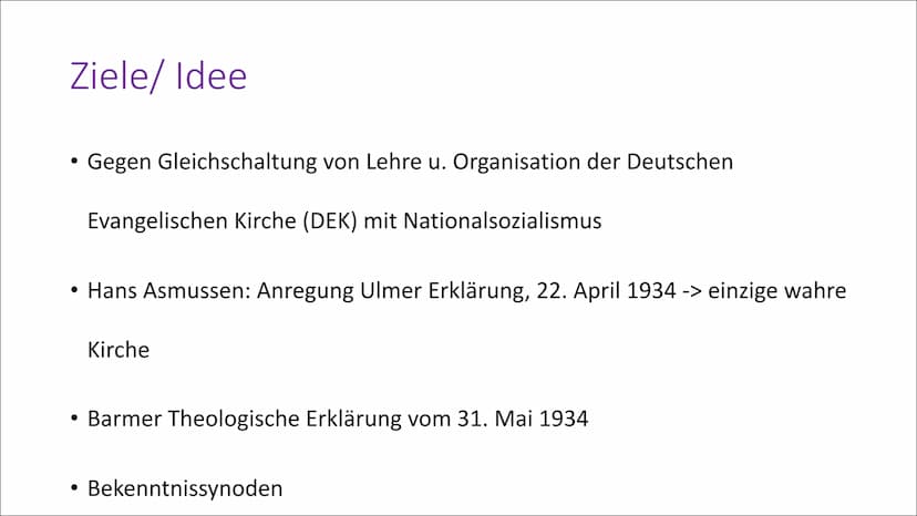 Bekennende Kirche
(BK) Allgemeines
September 1933 Pfarrernotbund
• Januar 1934 ->7000 Pfarrer(1/3 der Geistlichen der ev. Kirche)
• Bekennen