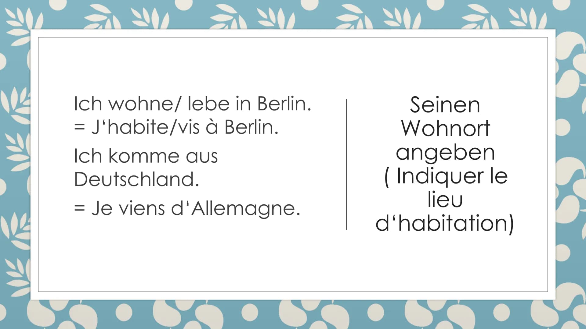 A
V
SICH AUF FRANZÖSISCH
VORSTELLEN
SE PRESENTER EN
FRANCAIS ●
●
O
O
sich auf Französisch vorstellen
(se présenter en francais)
Ich wohne/ l