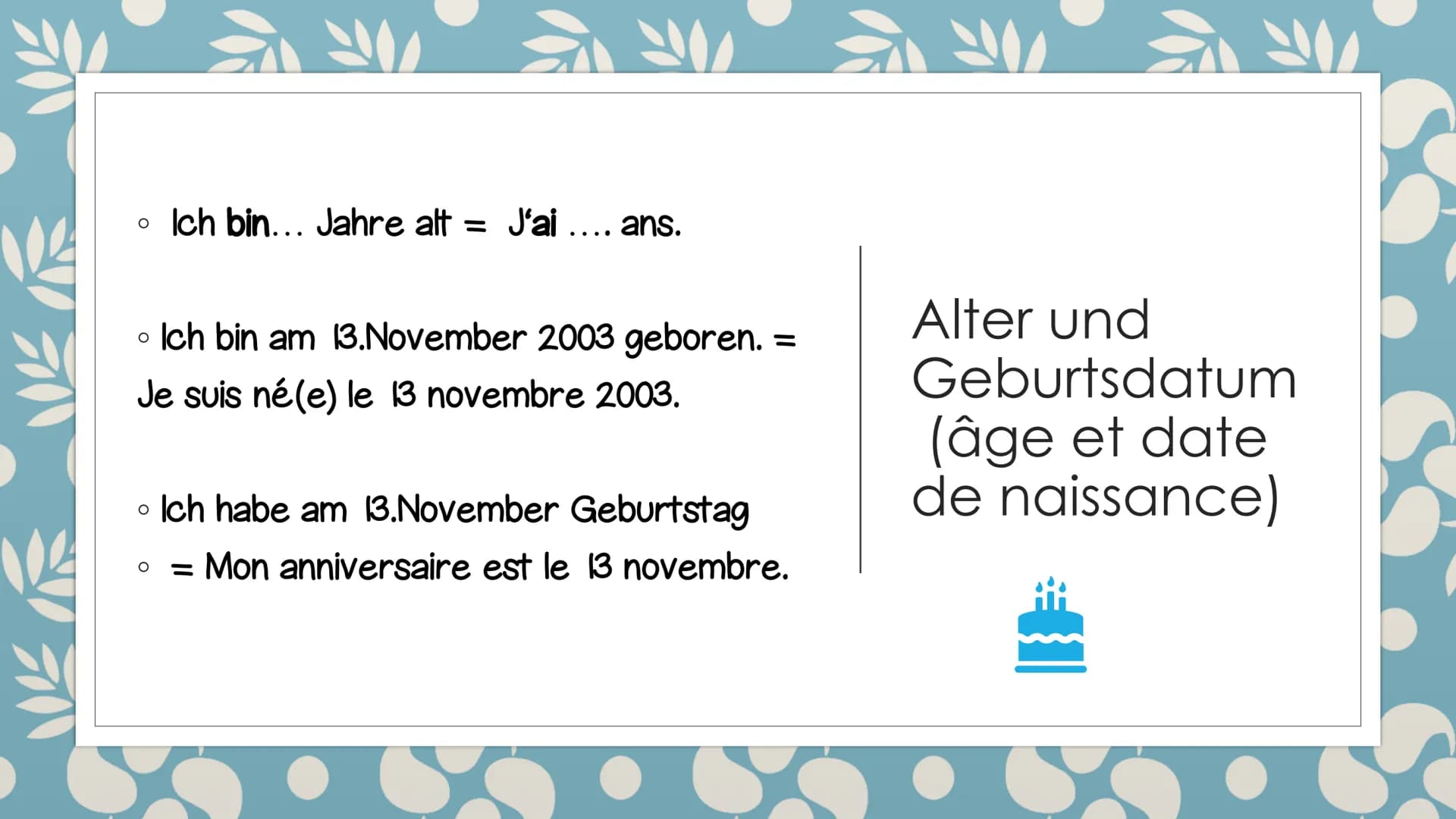 A
V
SICH AUF FRANZÖSISCH
VORSTELLEN
SE PRESENTER EN
FRANCAIS ●
●
O
O
sich auf Französisch vorstellen
(se présenter en francais)
Ich wohne/ l