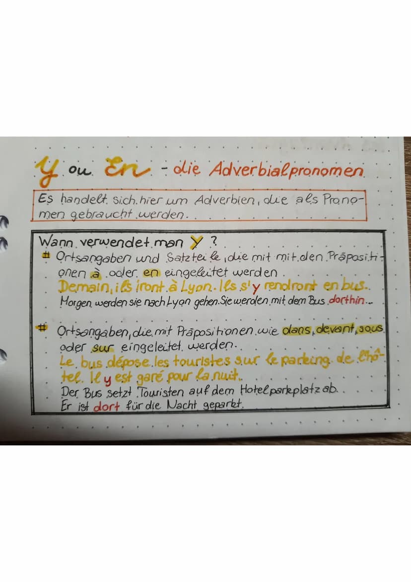 ou
y
Es handelt sich hier um Adverbien, die als Prono-
men gebraucht werden.
En
en die Adverbial pronomen
Wann verwendet man Y ?
# Ortsangab
