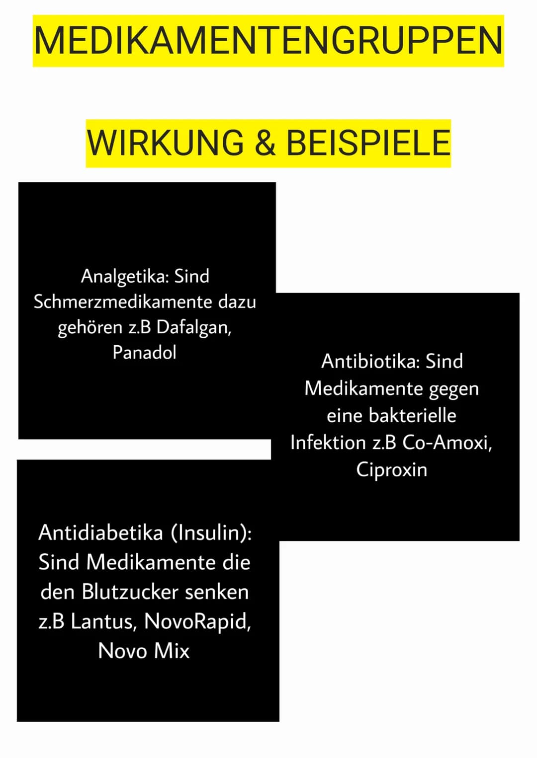 MEDIKAMENTENGRUPPEN
WIRKUNG & BEISPIELE
Analgetika: Sind
Schmerzmedikamente dazu
gehören z.B Dafalgan,
Panadol
Antidiabetika (Insulin):
Sind