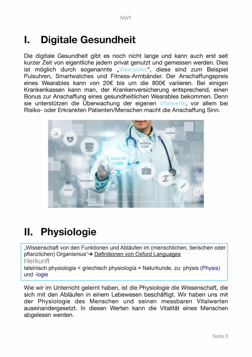 NWT
Lerntagebuch
Digitale Gesundheit
PHYSIOLOGIE
Seite 1 Inhaltsangabe
1. Digitale Gesundheit
II. Physiologie
III. Messbare Vitalwerte
A. Pu