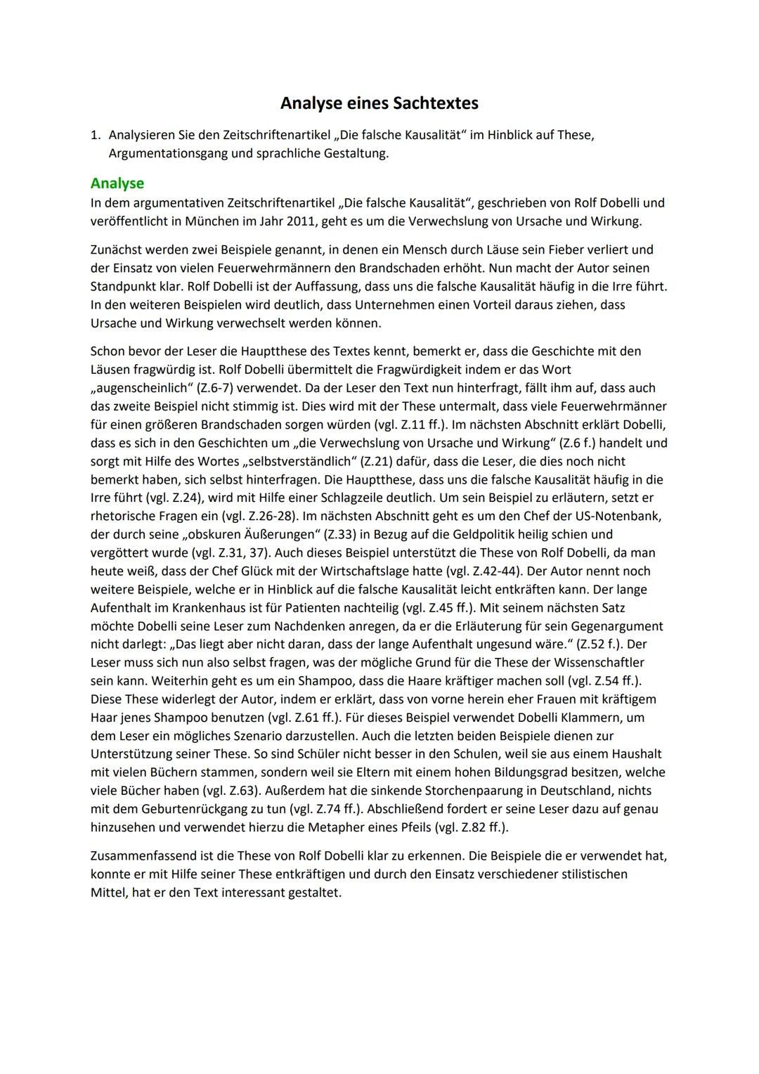 # Analyse eines Sachtextes

1. Analysieren Sie den Zeitschriftenartikel,,Die falsche Kausalität" im Hinblick auf These,
Argumentationsgang u