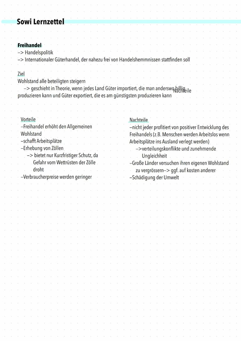 Sowi Lernzettel
Protektionismus & Freihandel
Protektionismus
-> Handelspolitik
->Mithilfe von Protektionistischen Maßnahmen in Form von Hand