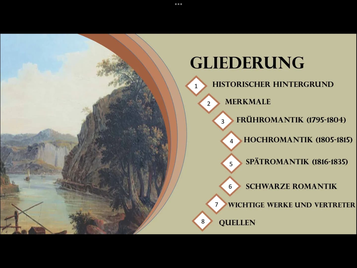 :
ROMANTIK (1795-1835)
von Irina und Samantha :
GLIEDERUNG
1
8
2
HISTORISCHER HINTERGRUND
1
MERKMALE
3
4 HOCHROMANTIK (1805-1815)
5
FRÜHROMA
