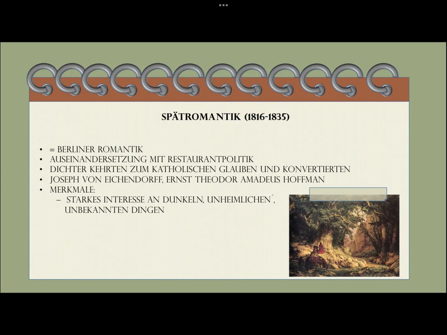 :
ROMANTIK (1795-1835)
von Irina und Samantha :
GLIEDERUNG
1
8
2
HISTORISCHER HINTERGRUND
1
MERKMALE
3
4 HOCHROMANTIK (1805-1815)
5
FRÜHROMA