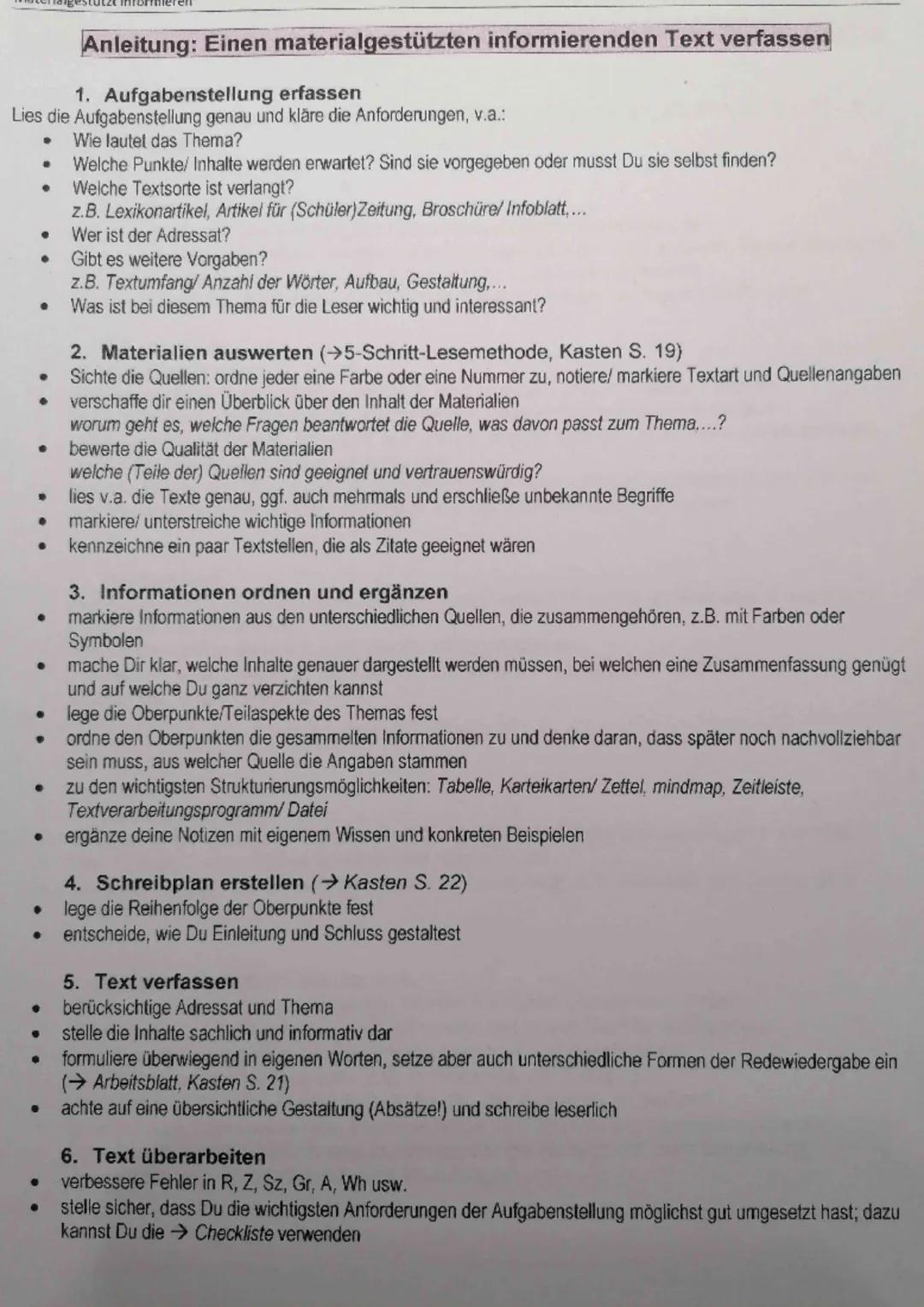 Anleitung: Einen materialgestützten informierenden Text verfassen

1. Aufgabenstellung erfassen
Lies die Aufgabenstellung genau und kläre di