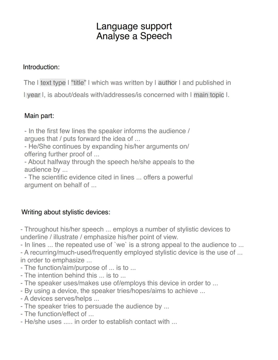 Introduction:
Language support
Analyse a Speech
The I text type I "title" I which was written by I author I and published in
I year I, is ab